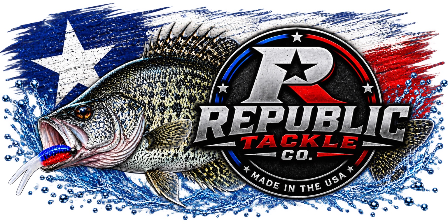 Republic Tackle Co. emblem with a Texas crappie striking a red, white and blue bait