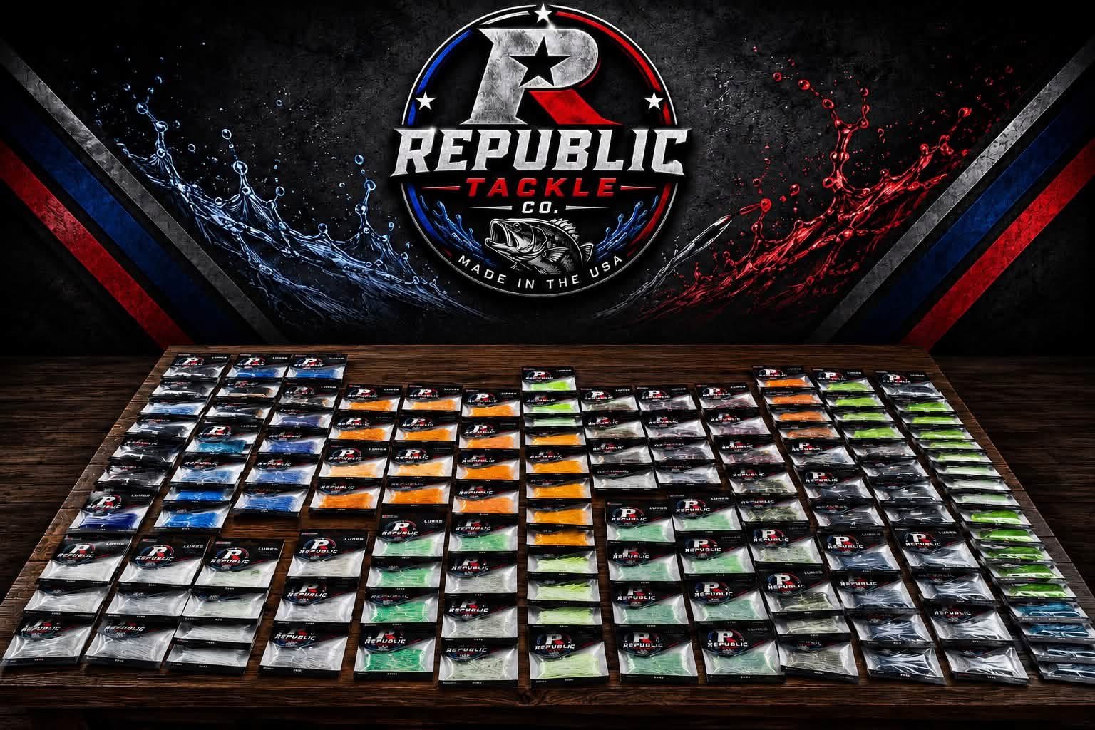Hundreds of Republic Tackle Co. lure packs beneath the shop's wall sign
